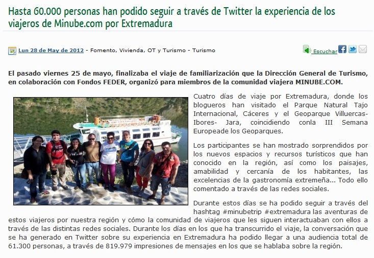 Nota de prensa del #minubetrip Extremadura